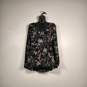 BAILEY & CHLOE Wrap Blouse Top Womens M Black Green Floral‎ LS Cottagecore Boho